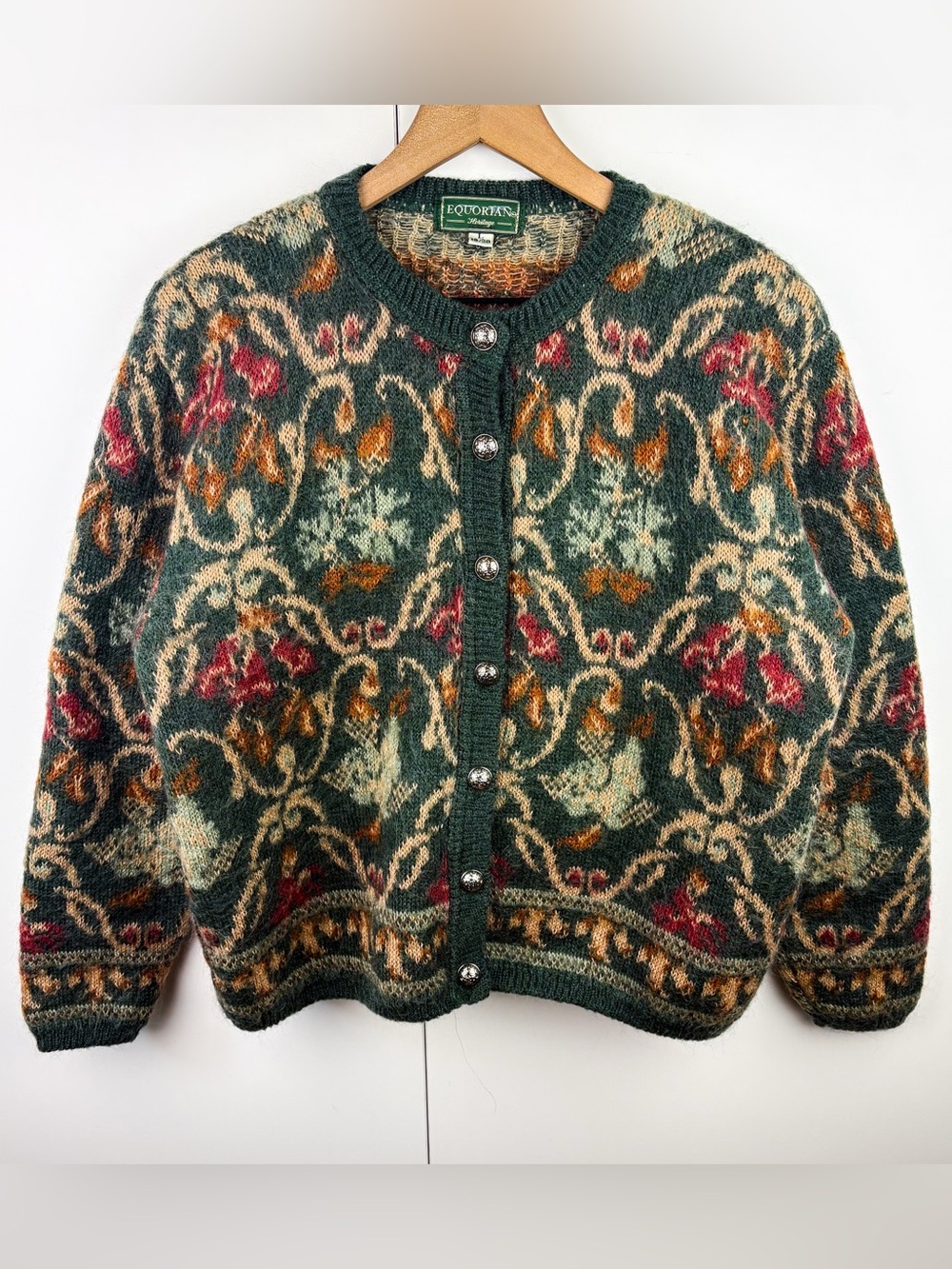 Equorian Mohair Blend Fair Isle Floral Nordic Button Cardigan Sweater Vintage